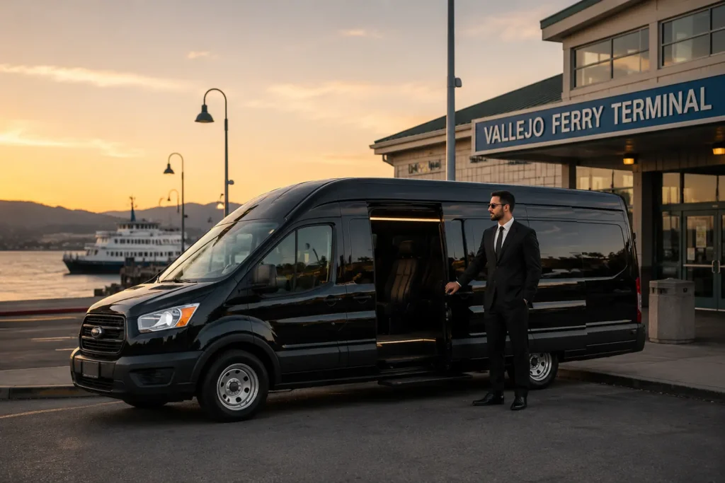 Vallejo limousine service chauffeur opening luxury SUV door at Ferry Terminal