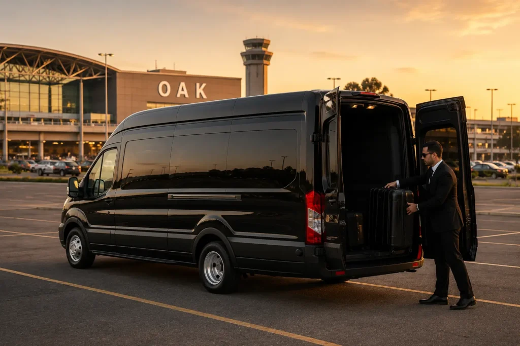 Black limo van driving toward Oakland International Airport OAK terminal