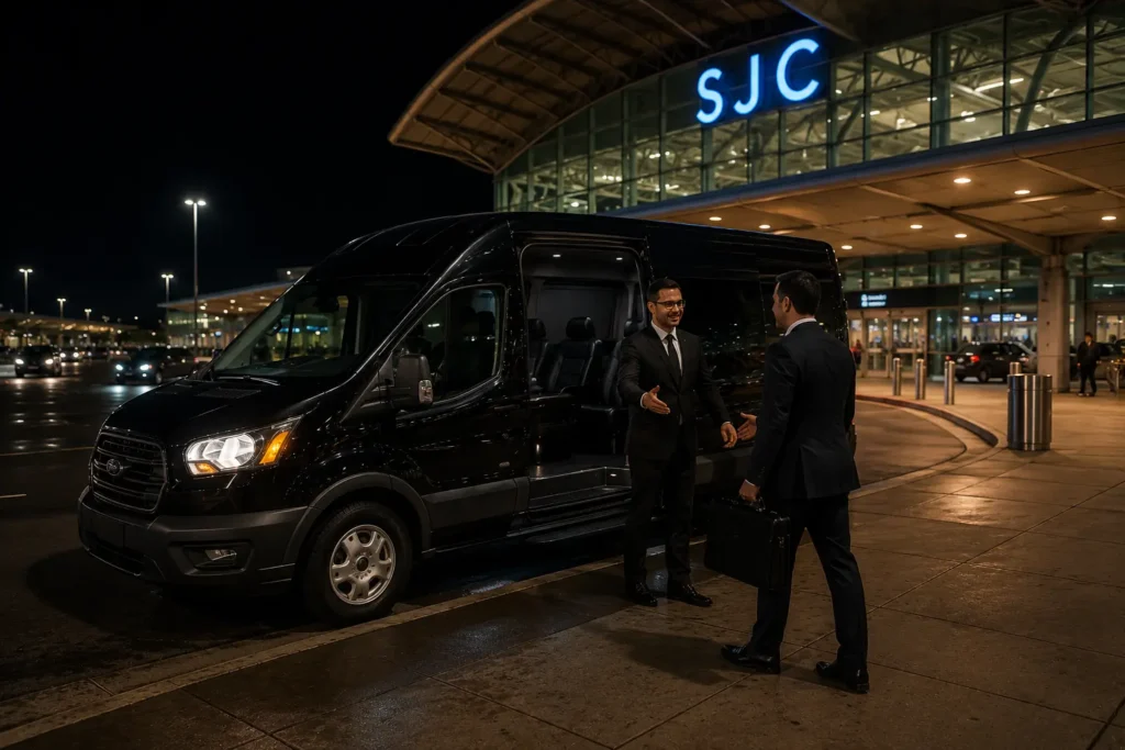 Black limo van approaching San Jose International Airport SJC at night