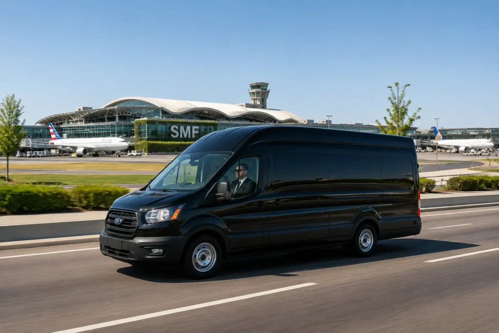 Black limo van arriving at Sacramento International Airport SMF