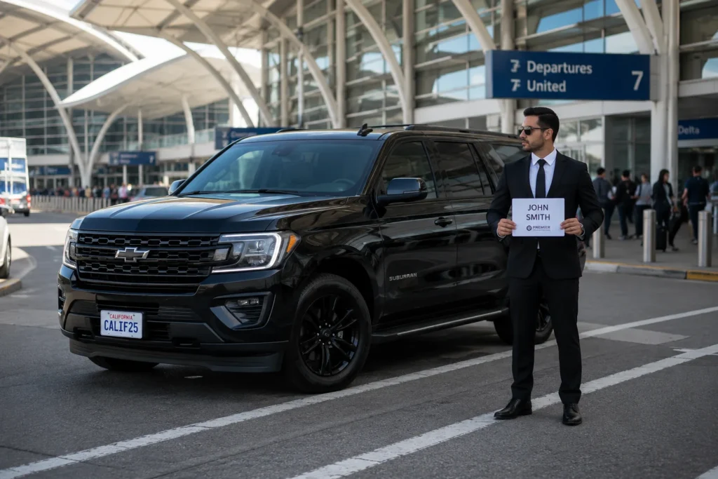 Luxury black SUV and limousine airport transportation service in Davis CA with professional chauffeur