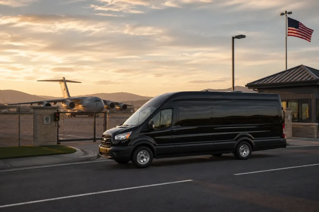 Luxury black limousine parked outside Travis Air Force Base gate with C-17 aircraft in background for Travis limousine service