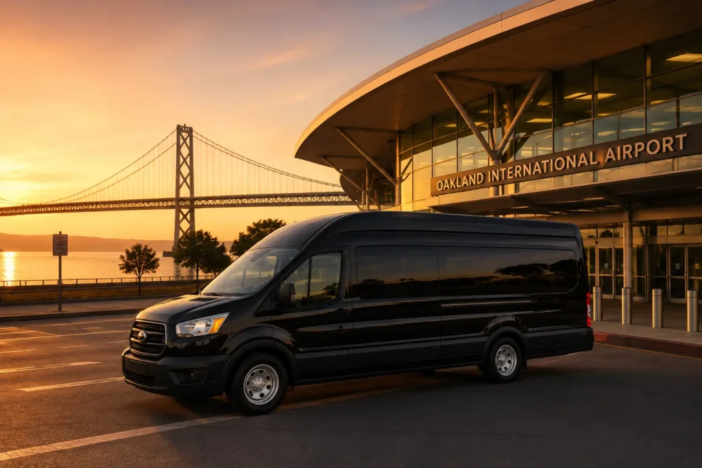 Luxury black stretch limousine at Oakland International Airport with Bay Bridge in background for Travis to OAK limousine service