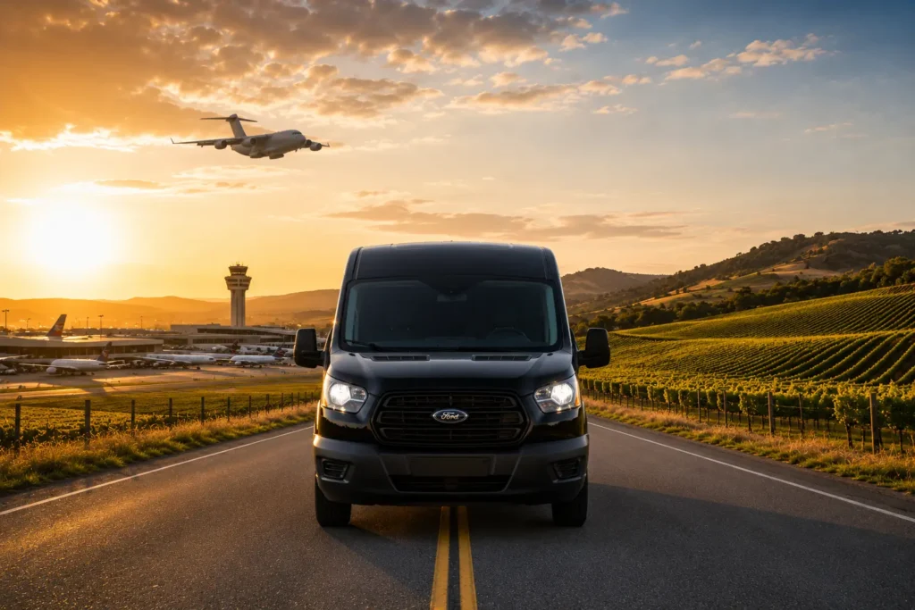 Luxury black stretch limousine between airport terminal and Napa vineyard representing Travis limo service airport transfers and wine tours