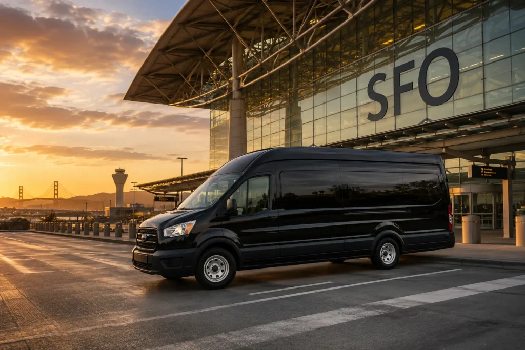 Luxury black stretch limousine at SFO terminal for Travis to San Francisco airport limousine service