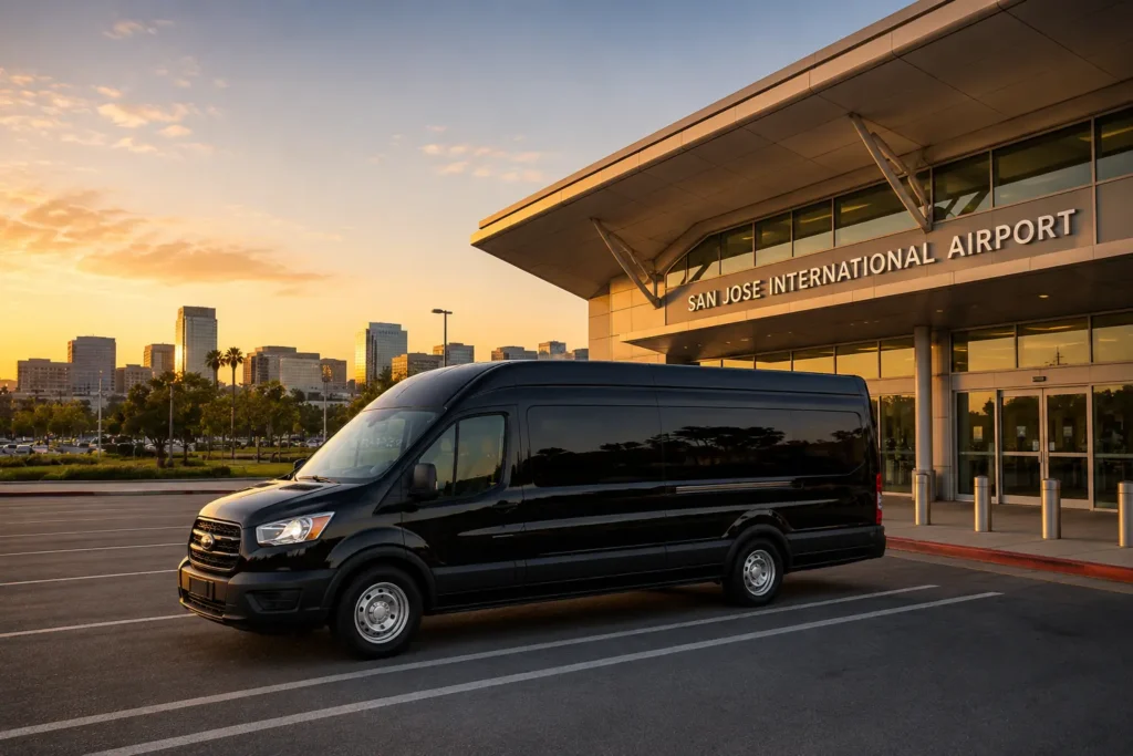 Luxury black stretch limousine at San Jose International Airport with Silicon Valley skyline for Travis to SJC airport limousine service