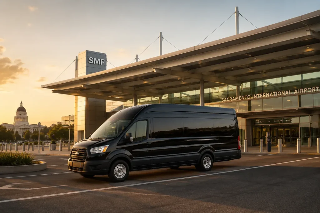 Luxury black stretch limousine at Sacramento International Airport for Travis to SMF airport limousine service