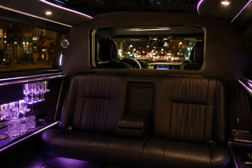 Vallejo limousine service luxury interior with ambient lighting and crystal glasses