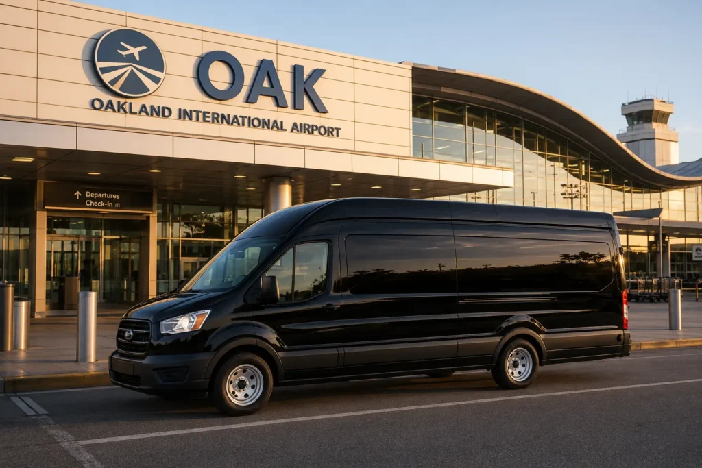 Vallejo to OAK airport limousine service black stretch limo at Oakland terminal
