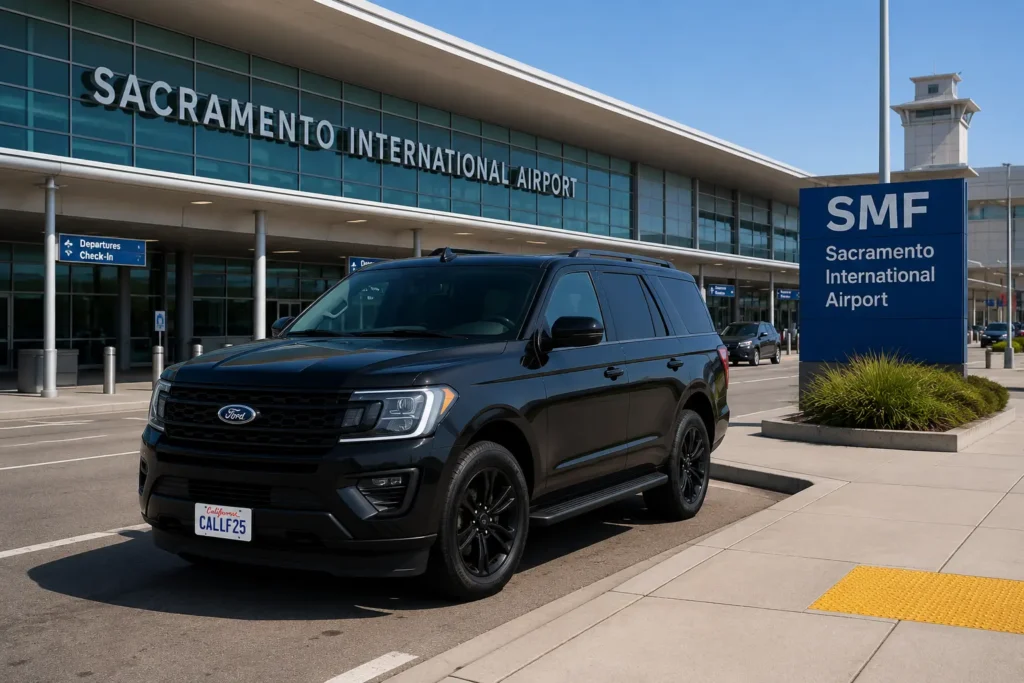 Vallejo to SMF airport limousine service black SUV at Sacramento terminal