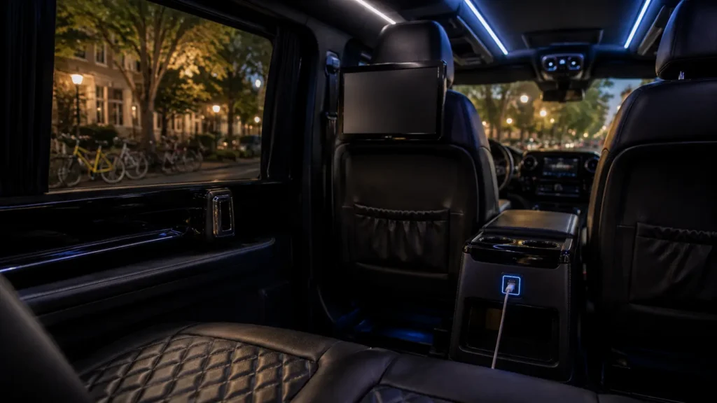 Limousine console with charging port and screen, tree-lined Davis street visible through window