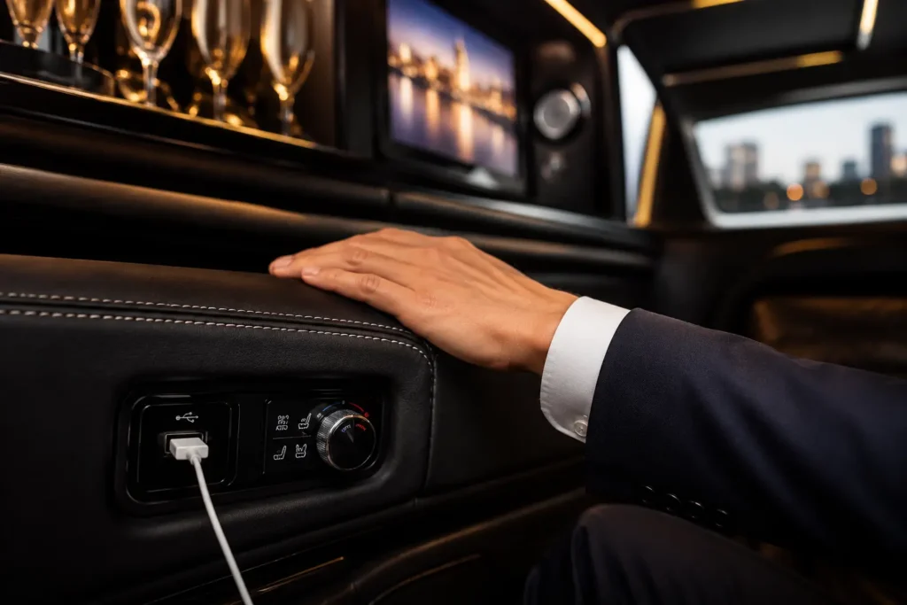 Passenger enjoying premium amenities including charging port and climate control in Sacramento Limo vehicle