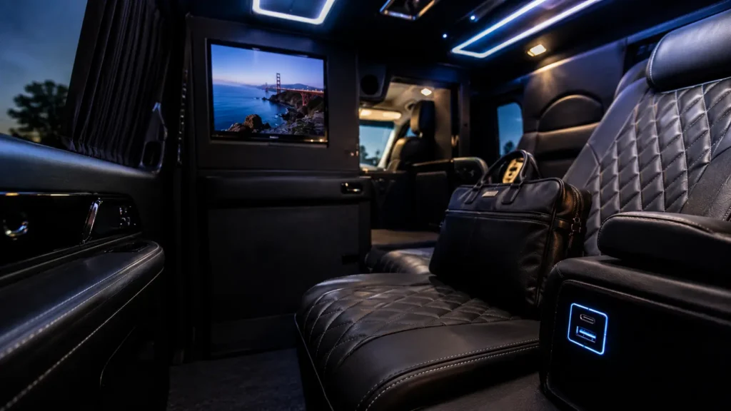 Limousine interior with entertainment screen, charging ports, and leather seating for Travis AFB transportation